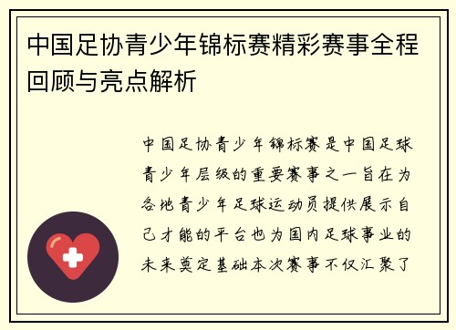 中国足协青少年锦标赛精彩赛事全程回顾与亮点解析