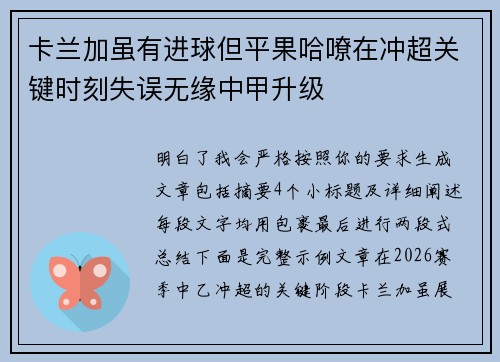 卡兰加虽有进球但平果哈嘹在冲超关键时刻失误无缘中甲升级