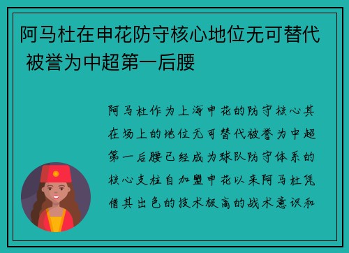 阿马杜在申花防守核心地位无可替代 被誉为中超第一后腰